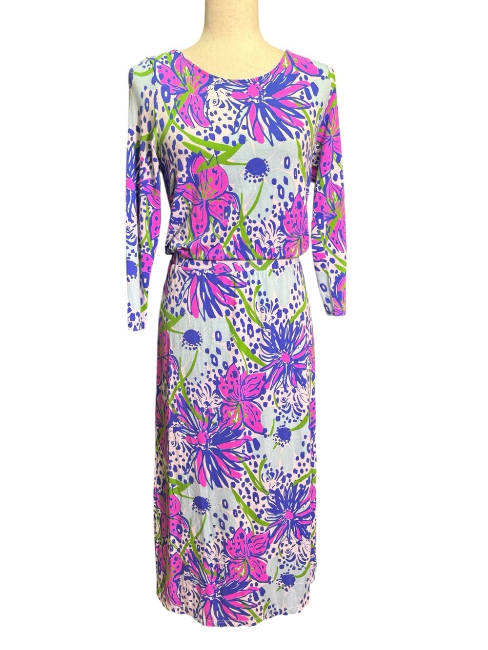 Lilly Pulitzer Floral Jersey Blouson Midi Dress Pink Blue 3/4 Sleeve Small
